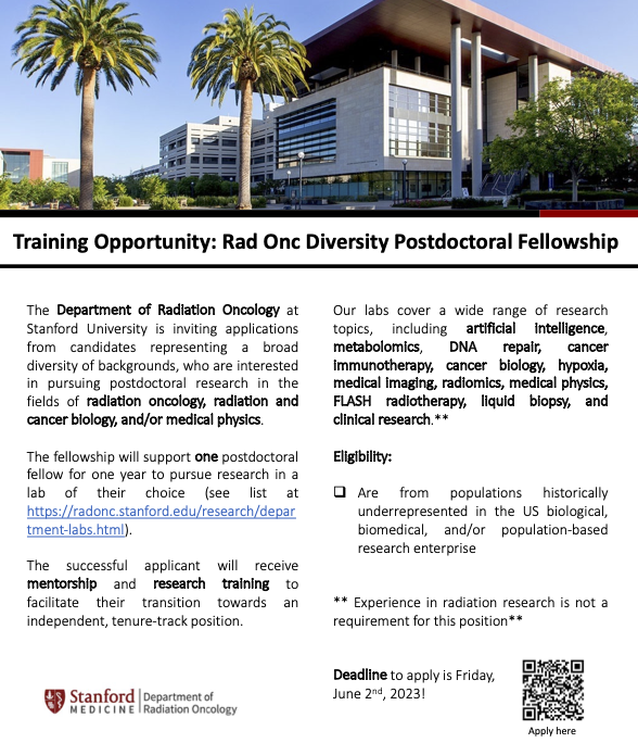 StanfordRadOnc's tweet photo. Training Opportunity: @StanfordRadOnc Diversity Postdoctoral Fellowship Program  is now taking applications.

Deadline: June 2, 2023 https://t.co/yp3OPmje2j