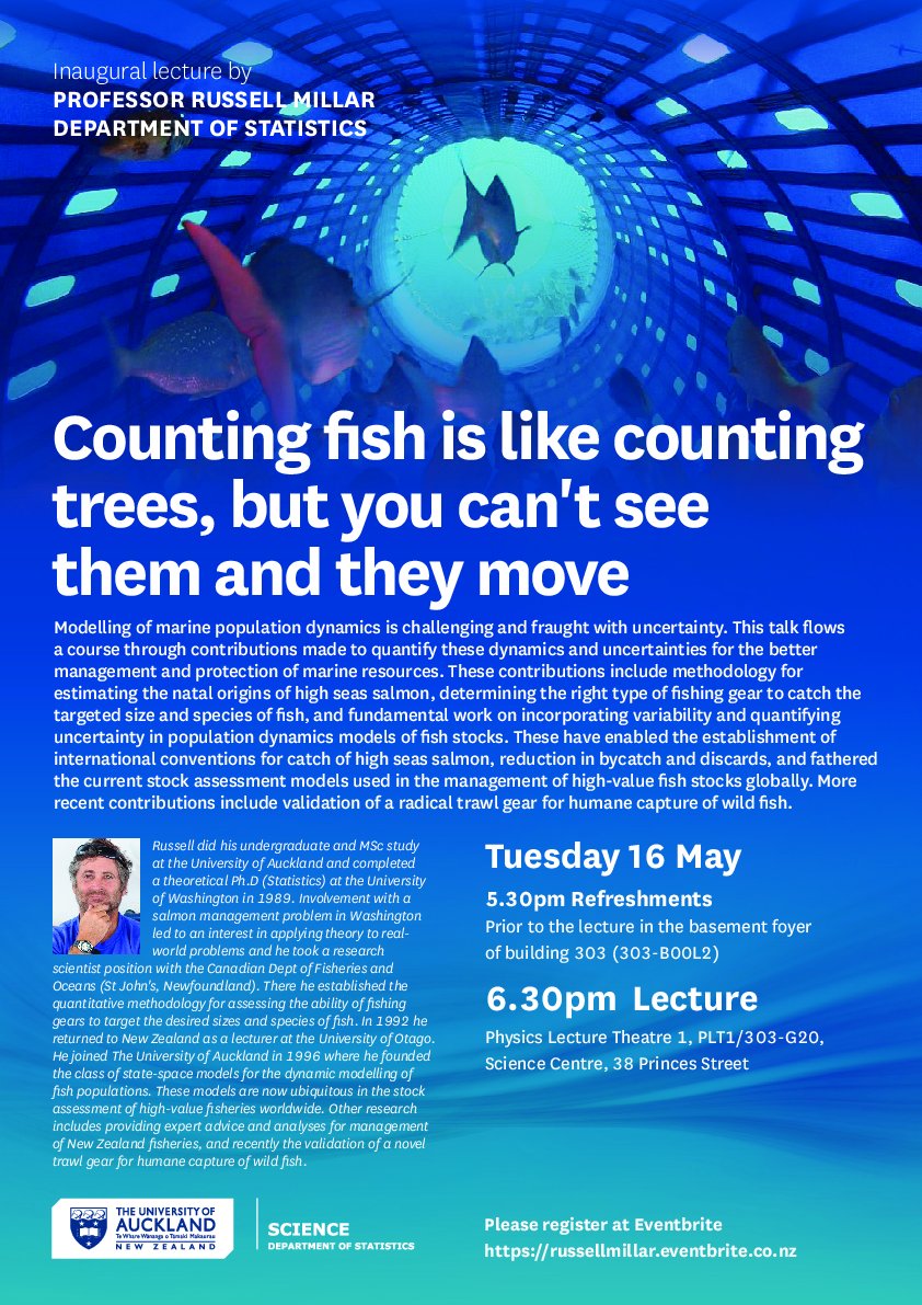 📢Prof. Russell Millar's Inaugural Lecture📢

🗓️Tuesday 16 May 2023
 📍 PLT1/303-G20, Science Centre, 38 Princes Street, Auckland.
🕠5.30pm Refreshments, 6.30pm  Lecture
🐟 Counting fish is like counting trees, but you can't see them and they move 🐟
📝 russellmillar.eventbrite.co.nz