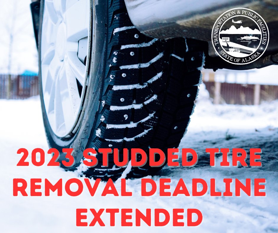 AlaskaDOTPF's tweet photo. UPDATE: Today the Dept. of Public Safety issued an emergency order extending the deadline to remove #studdedtires from vehicles operating on Alaska roadways.
❄️Below 60 North Latitude: until 5/1/23
❄️Above 60 North Latitude: until 5/15/23
Press release: https://t.co/9PFOcP6JyN https://t.co/BhN3MDtDQF