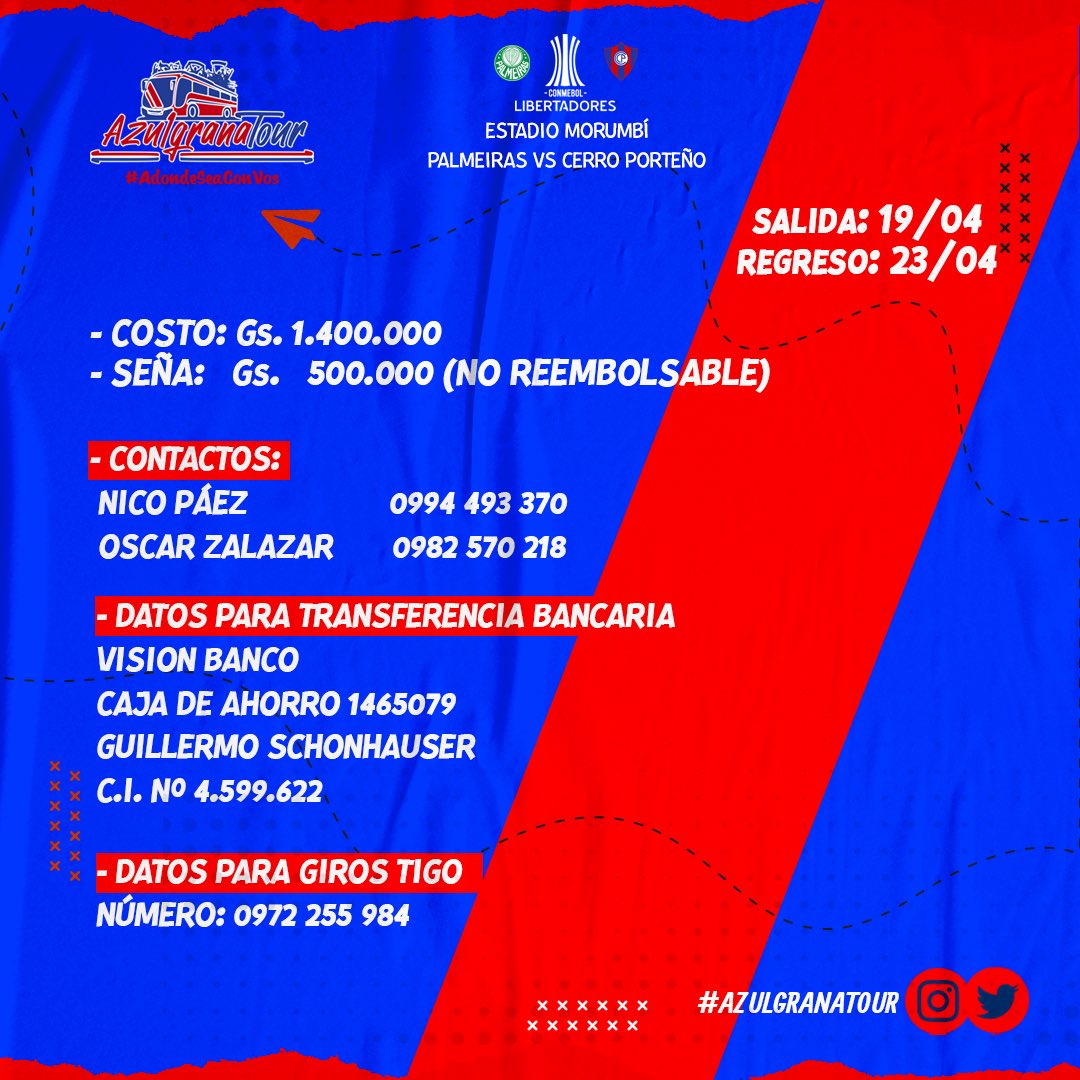 Te esperamos 🤩🤩🤩
Tenemos lugares disponibles , viaje garantizado, la mejor buena onda, somos Familia , somos <a href="/AzulgranaTour/">AzulgranaTour 🇵🇾</a> 🔵🔴
Vamos con todo 🙌🏼
@Nicopaez_1 
<a href="/Oscarzalazar90/">Oscar Zalazar 🇵🇾</a> 
<a href="/pipo_32/">G u i l l e S c h o n h a u s e r</a> 
<a href="/darioguillenz/">rubén dario 🌱</a>