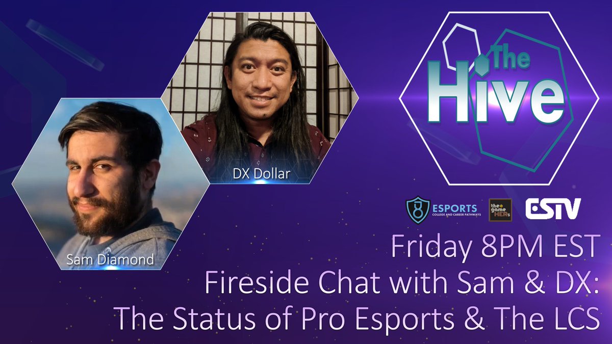Esports College & Career Pathways (@esportsccp) on Twitter photo The #Hive is back w DX Dolar & <a href="/The8uffalo/">Sam Diamond</a>! It's been a shake-up in the pro scene & a blow for #esports. Join us Friday @ 8pm est on twitch.tv/esportsccp as we talk more about what's happening & LCS!#CLGWIN #tsm #esportsedu
<a href="/thatsoalykat/">Aly</a>
<a href="/estvesportstv/">ESTV - Esports TV</a> <a href="/thegamehers/">the*gamehers</a> The #Hive is back w DX Dolar & <a href="/The8uffalo/">Sam Diamond</a>! It's been a shake-up in the pro scene & a blow for #esports. Join us Friday @ 8pm est on twitch.tv/esportsccp as we talk more about what's happening & LCS!#CLGWIN #tsm #esportsedu
<a href="/thatsoalykat/">Aly</a>
<a href="/estvesportstv/">ESTV - Esports TV</a> <a href="/thegamehers/">the*gamehers</a>