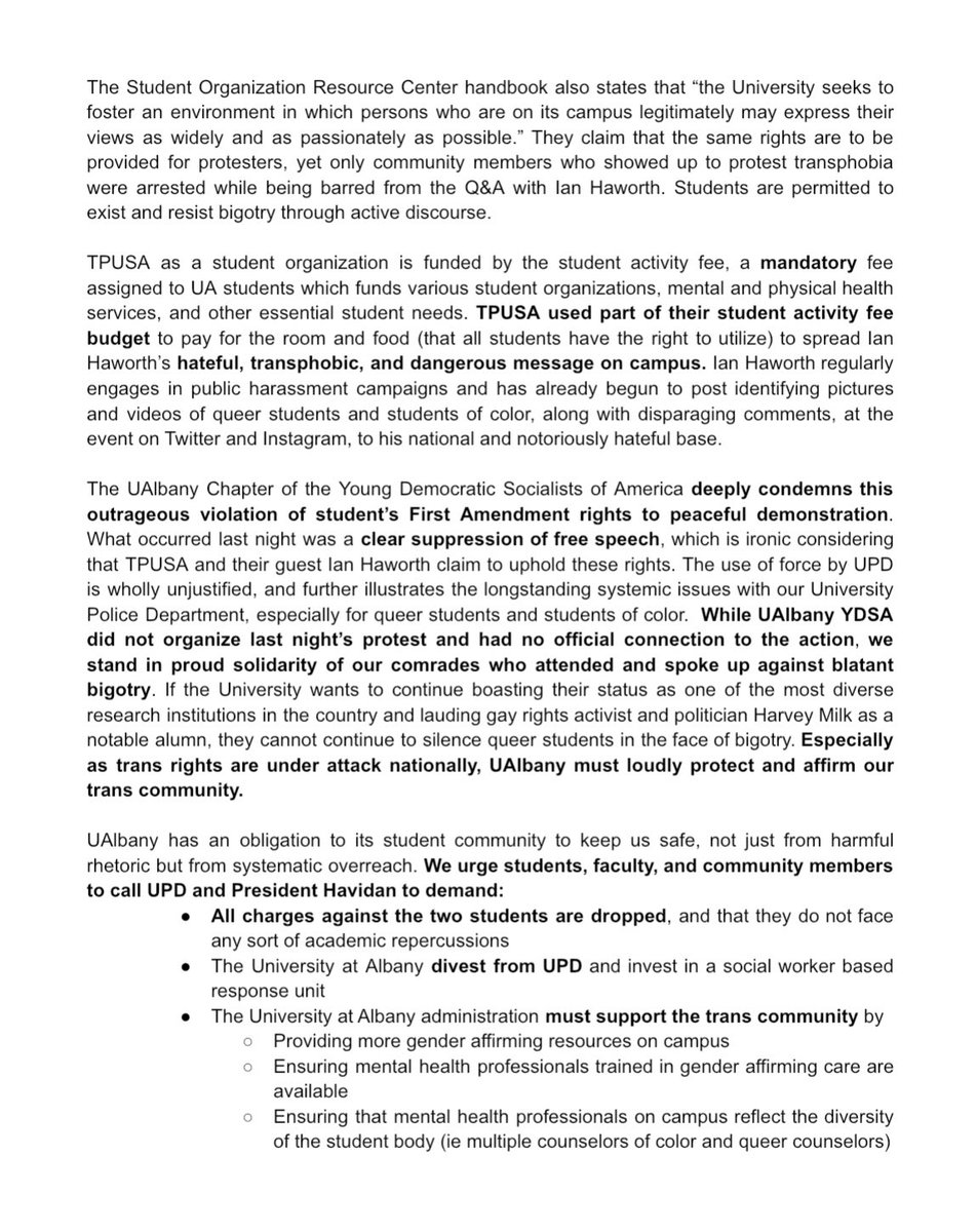 ualbany_ydsa's tweet photo. Our official statement regarding last night's transphobic speaker, the peaceful protest, and the unjust arrest of two students at the University at Albany. https://t.co/xLJazIUp0w