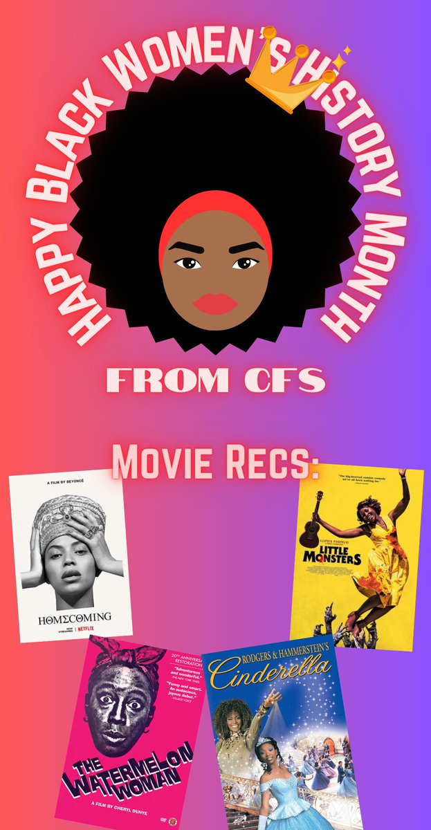 CFSFilmSchool's tweet photo. Happy Black Women's History Month from the Colorado Film School!  Check out these movies recommended by one of our amazing black women students, featuring black women:
Homecoming 2019 TV-MA
Little Monsters 2019 R
Watermelon Woman 1996 Unrated
Cinderella 1997 G https://t.co/NODSy2HXQM