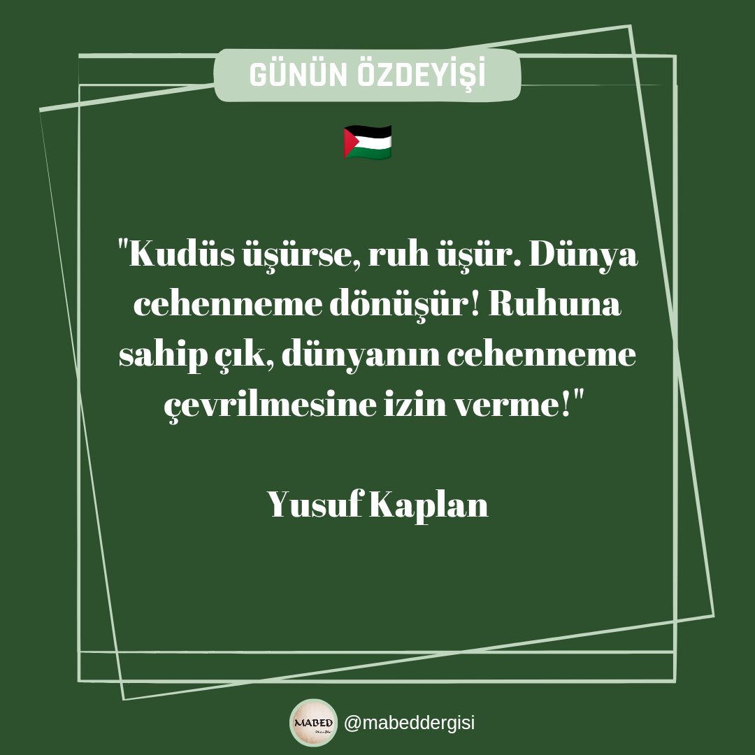 mabeddergisi's tweet photo. 🇵🇸

"Kudüs üşürse, ruh üşür. Dünya cehenneme dönüşür! Ruhuna sahip çık, dünyanın cehenneme çevrilmesine izin verme!" 

Yusuf Kaplan  @yenisafakwriter 
#kudüs #mabeddergisi https://t.co/CNEZGaOLxf