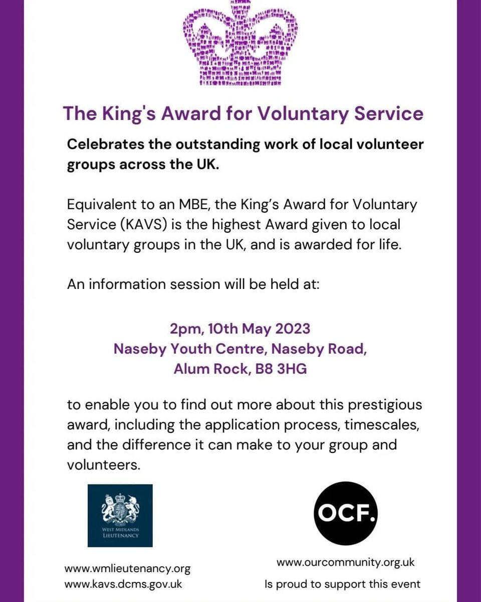 The King’s Award for Voluntary Service celebrates the outstanding work of local volunteer groups across the UK.  
Come and find out more at our local info session. <a href="/AlumRockB8CIC/">Alum Rock CIC</a> <a href="/AlumRockFA/">Alum Rock Football Academy</a> <a href="/BhamCityCouncil/">Bham City Council</a> <a href="/01Khattak/">Anwar Khattak BEM, QAVS, BCAc, Pride of Birmingham</a> <a href="/BrumLeader/">LeaderofBirmingham</a> 
<a href="/Bhamchildtrust/">Birmingham Children's Trust</a> <a href="/mariamkhan29/">Mariam Khan</a> <a href="/liambyrnemp/">Liam Byrne MP</a>