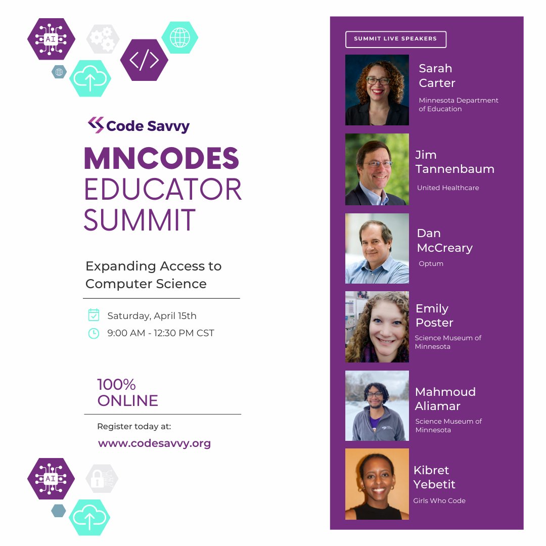 We are getting so pumped for this year's #MNCodes Summit! Just 10 days away... it's not too late for you to register for this FREE, incredible day of #ComputerScience learning. codesavvy.org/post/2023-mnco… #MNTech #InclusionRevolution #AccessibleCS #MNEd #TechEd #CSforAll