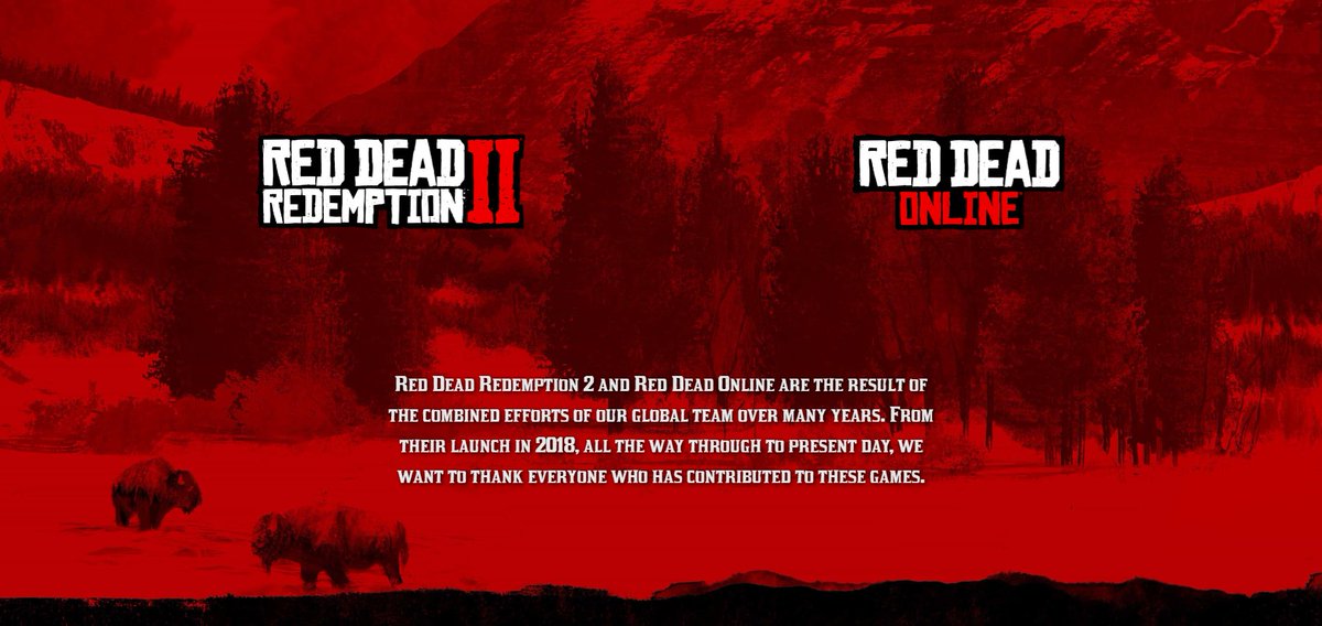 RedDeadNet's tweet photo. Much like GTA Online's, #RedDeadOnline/#RedDeadRedemption2 now also has an updated credits page with all the amazing folk that helped bring this world to life.
From the team and the community, thank you all for bringing us into the beautiful frontier! 🤠

https://t.co/tCeiyyaXY3 https://t.co/9IciL4iA6x