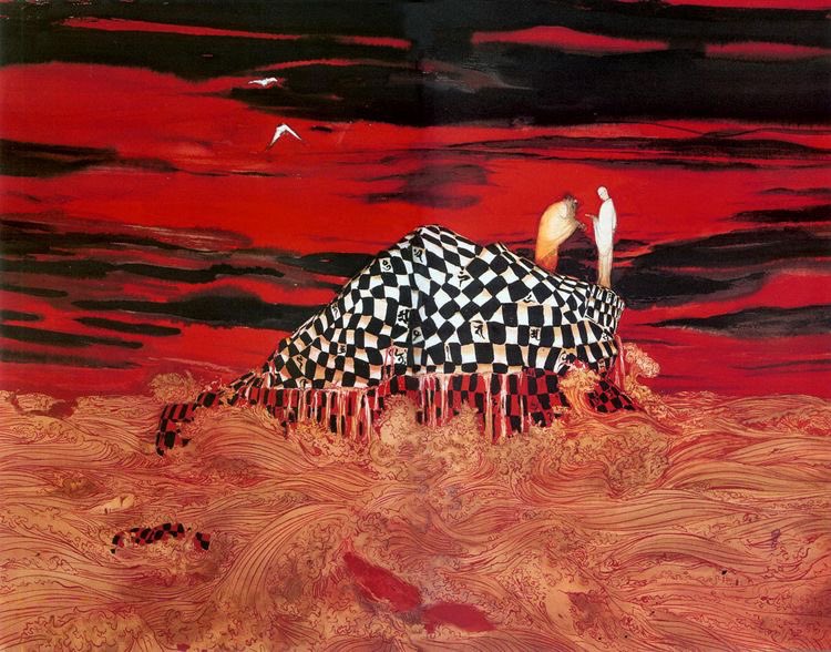 xe0_xeo's tweet photo. Red colour scheme paintings by Japanese artist Yoshitaka Amano https://t.co/9RmuQ2FeLU
