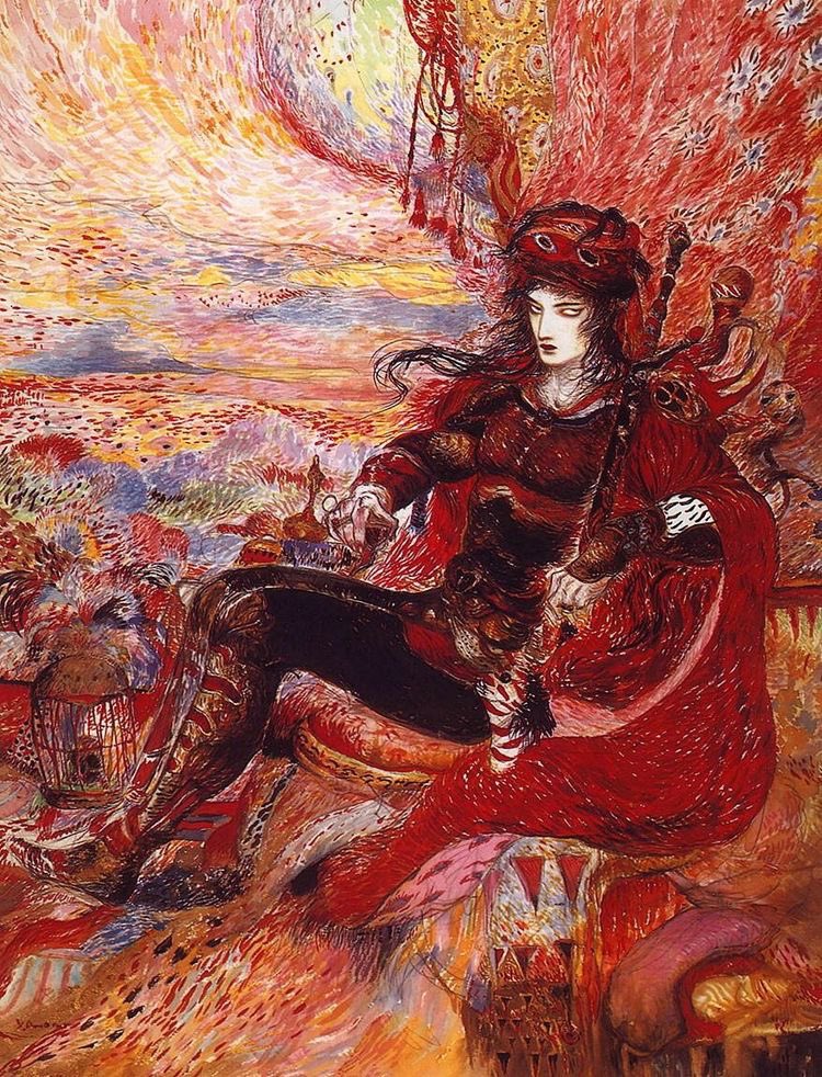 xe0_xeo's tweet photo. Red colour scheme paintings by Japanese artist Yoshitaka Amano https://t.co/9RmuQ2FeLU