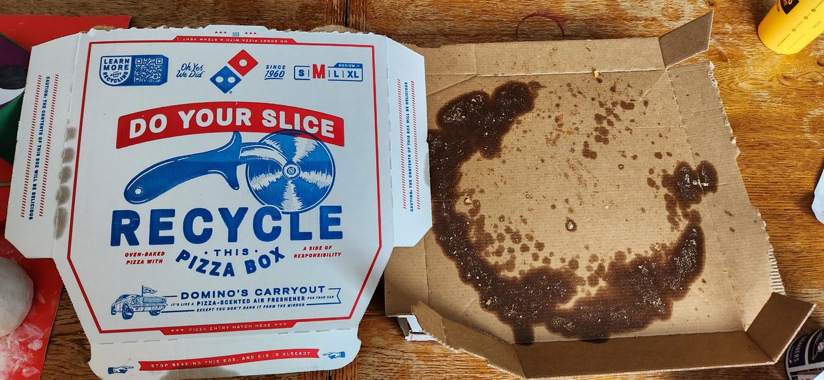 coloradowebman's tweet photo. @dominos new boxes have a major printing error. In northern Colorado, we can't recycle pizza boxes due to the grease from the pizza. If you recycle them, it will cause the cardboard bail to be rejected &amp; cost recyclers money. We are not the only area affected by this #EpicFail https://t.co/70Lo1xBJzk