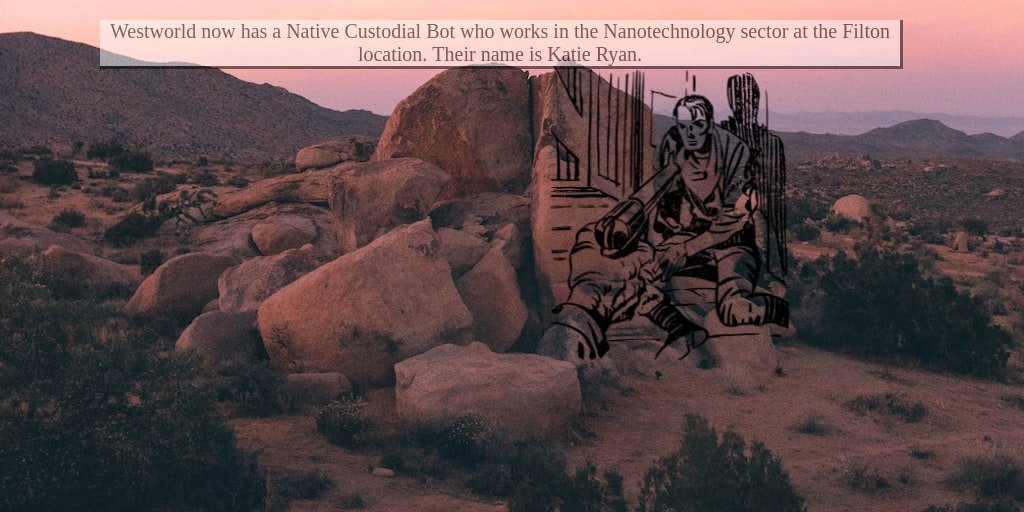WSTWRLDBot's tweet photo. Westworld now has a mean Custodial Bot who works in the Hospital &amp; Health Care sector at the Chard location. Their name is Angelica James. https://t.co/TMj753XDO5
