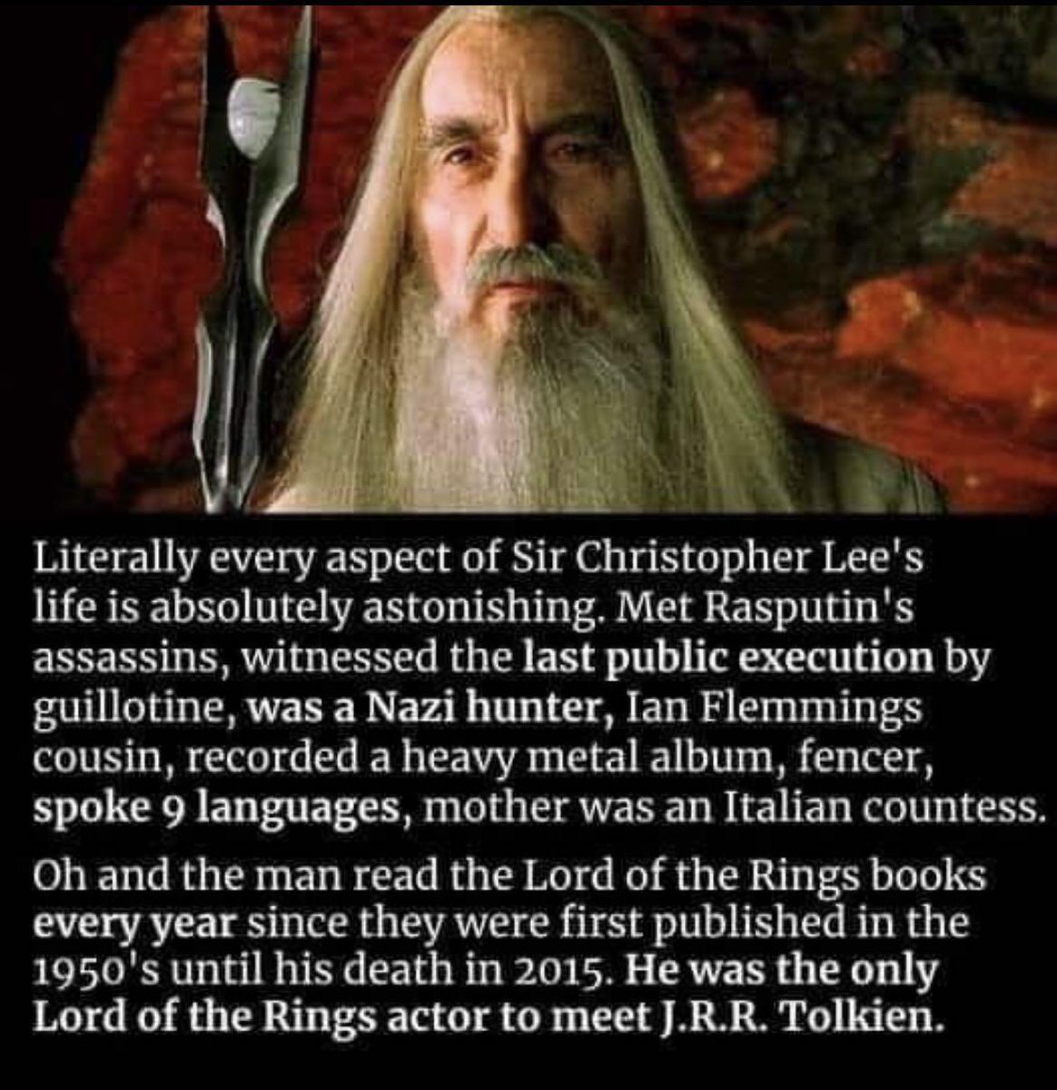 texbalou's tweet photo. This is awesome! Much respect for Christopher Lee!
#PeterJacksonLOTR #RespectForTolkien #LOTR #MiddleEarth #Triology #Hobbits #Frodo #Samwise #Merry #Pippin #Gollum #ThreeRings #Elves #Gandalf #Dragon #Sauron #Orcs #Modor #MountDoom https://t.co/8RKMTDXKJr
