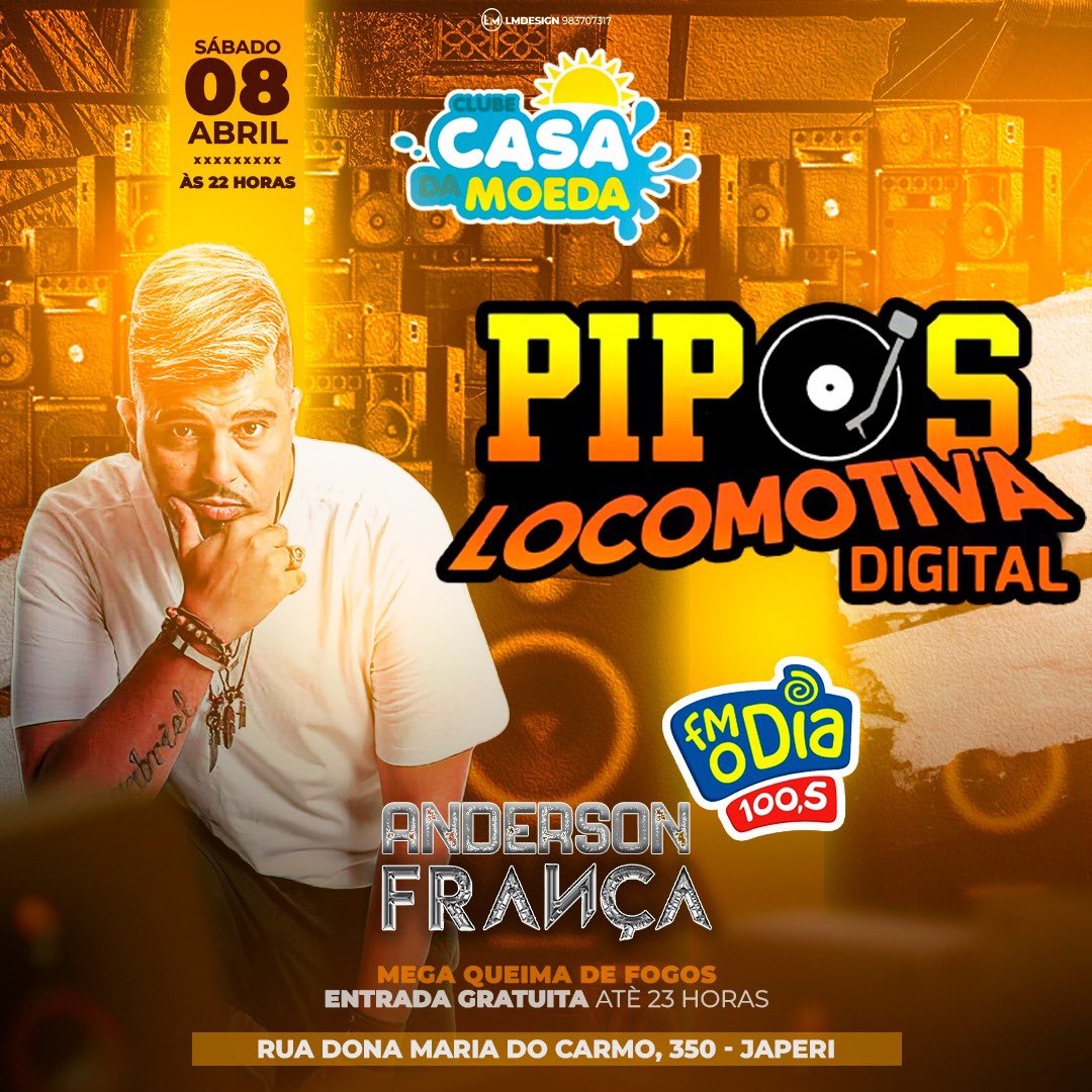 Alô japeri, se liga nessa boa  ! Dia 08 de Abril Pela primeira vez em Japeri PIPOS LOCOMOTIVA DIGITAL e você é nosso convidado, aquele TOCANDO TODOS OS RITMOS  🥳🤩.  ( Entrada Grátis ) 

DJ ANDERSON FRANÇA DA FM DIA  🤙
 🔥

Rua dona Maria do Carmo 350, nova Belém-Japeri 💢