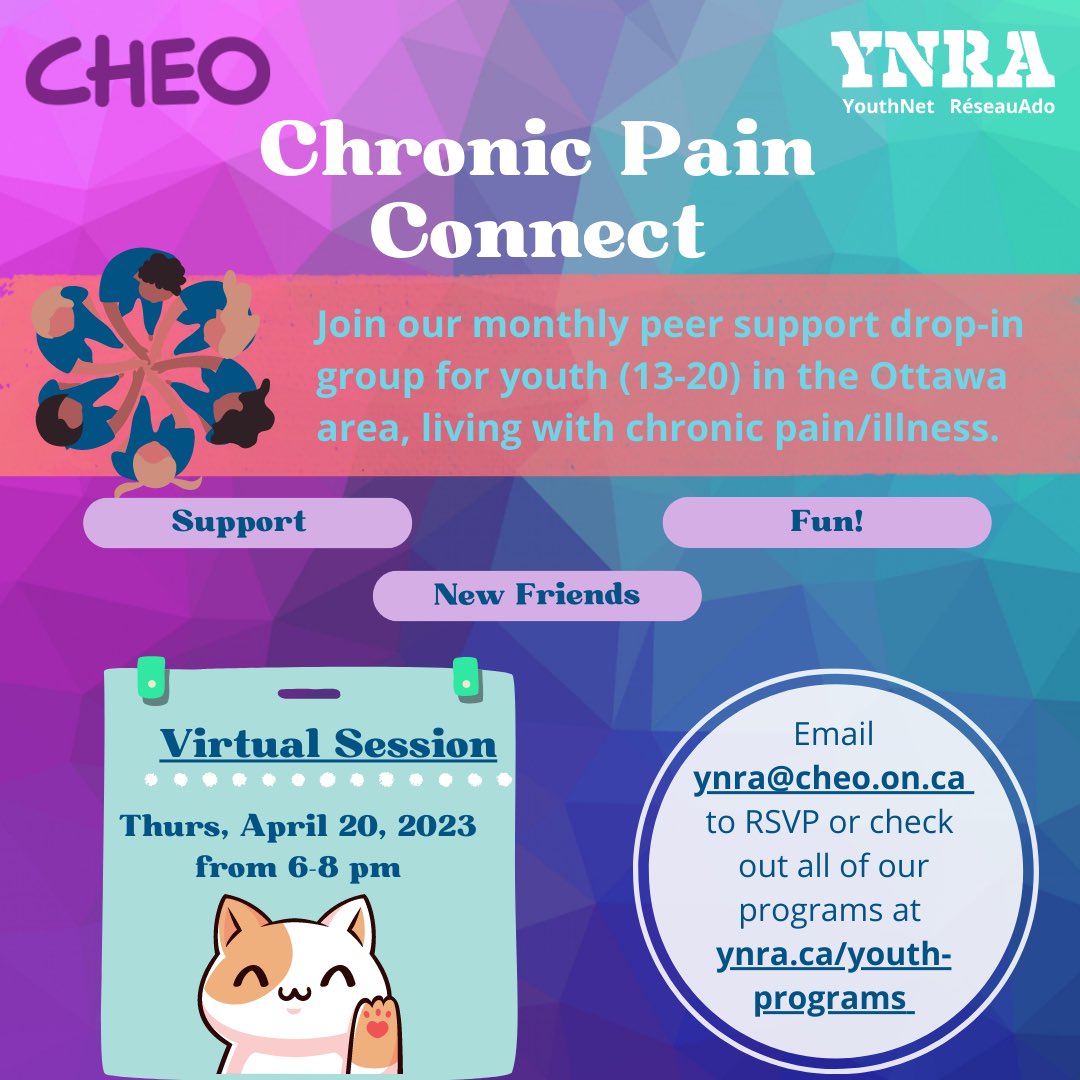 YouthNet / RéseauAdo (YNRA) (@cheoyouthnet) on Twitter photo Chronic Pain Connect is back!
Check out this peer support group for youth (ages 13-20) living with chronic pain or illness.
Our Apr. 20th session is virtual so all youth across the Ottawa area can join.
Sign up at ynra.ca/youth-programs or email ynra@cheo.on.ca for more info! Chronic Pain Connect is back!
Check out this peer support group for youth (ages 13-20) living with chronic pain or illness.
Our Apr. 20th session is virtual so all youth across the Ottawa area can join.
Sign up at ynra.ca/youth-programs or email ynra@cheo.on.ca for more info!