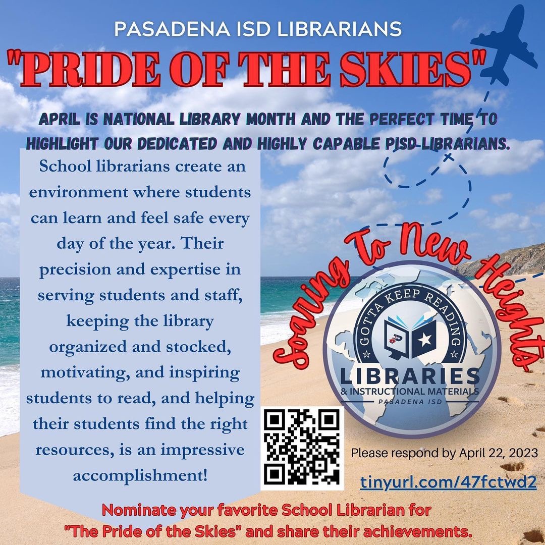 Nominate your favorite PISD Librarian by April 22!
#pisdREADS #pisdcandiproud #pasadenaisd #pisdpride #pisdproud @pisd_landim #mavlibrary #mavsREAD #librarian #slm2023 #schoollibrarymonth