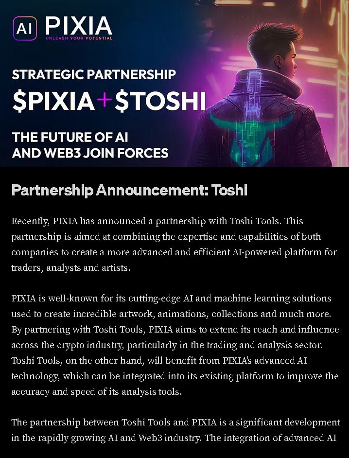 Hayess5178's tweet photo. Check out this recent partnership with @PixiaAi and @Toshi_Tools. Working together to create a more advanced and efficient #AI-powered platform for traders, analysts & artists!🔥.
#PixiaAi is a cool up and coming #Ai project😎
Full article https://t.co/PHQexbLGVI
$PIXIA $TOSHI https://t.co/oMPA48w6in