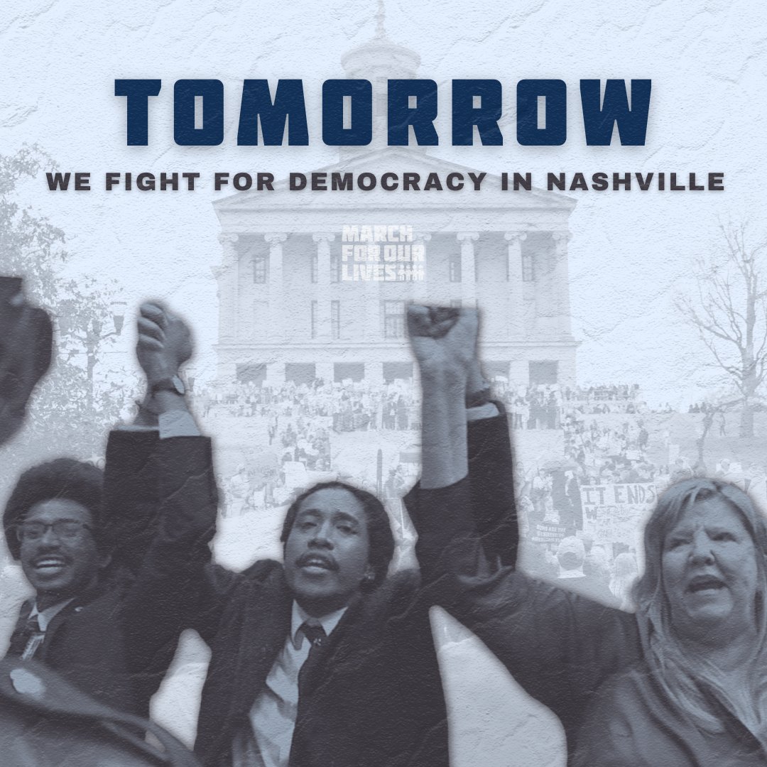 AMarch4OurLives's tweet photo. RIGHT NOW the #TNLeg are silencing three Reps. instead of regulating what’s REALLY killing us: guns.

This is a fight for our democracy, Nashville.

Rally with us TOMORROW at 8AM outside of the State Capitol + inside the rotunda to REFUSE this fascist expulsion call.

#Nashville https://t.co/sHErtnGYe9