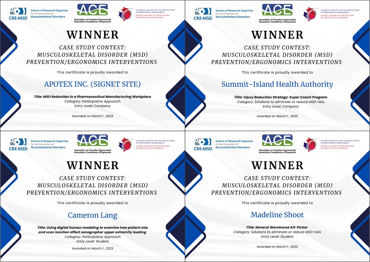 Congratulations to the 4 winners of the CASE STUDY CONTEST on MSD Prevention/Ergonomics Interventions: msdprevention.com/Stories
Thank you to everyone who submitted an entry!
<a href="/ACE_ergo/">ACE Ergo Canada</a> <a href="/CCCPE_ergo/">CCCPE</a> #msd #msdprevention #ergonomics #interventions #ergonomicsolutions #casestudy