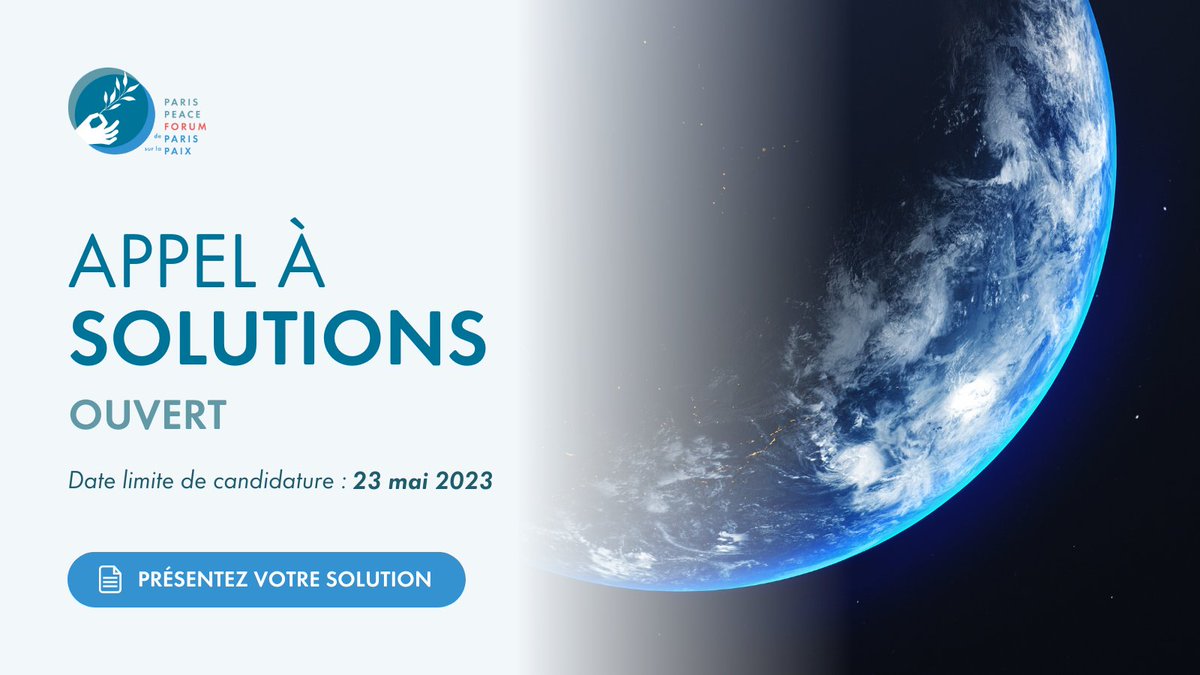 Votre projet répond à un défi mondial et vous souhaitez le faire passer à la vitesse supérieure❓

📅Présentez-le à l'Appel à solutions du @ParisPeaceForum avant le 23 mai. 60 projets seront présentés à la communauté internationale
👉bit.ly/3Kap6cR

#SolutionsForPeace