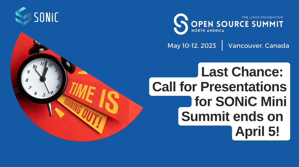 SONiC_Fund's tweet image. 6 hours countdown! ⏰ There is still time left to submit your presentation proposals for the upcoming SONiC Mini Summit at #OSSummit2023, Vancouver BC! Submit your ideas now: hubs.la/Q01JVhc90

#SONiC #CallForPresentations #CFP #CFP #Linux #Telco