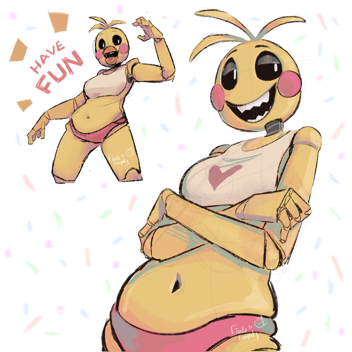 B12Player's tweet photo. Toy Chica es la única animatrónico que lleva ropa la cual es un short, que para mí, la hace ver muy sexy y los hombres la adoran. A Toy Chica los fans le han hecho muchas versiones muy sexys y está claro porque lo han hecho, la favorita de muchos hombres. https://t.co/wfryPiOhyV