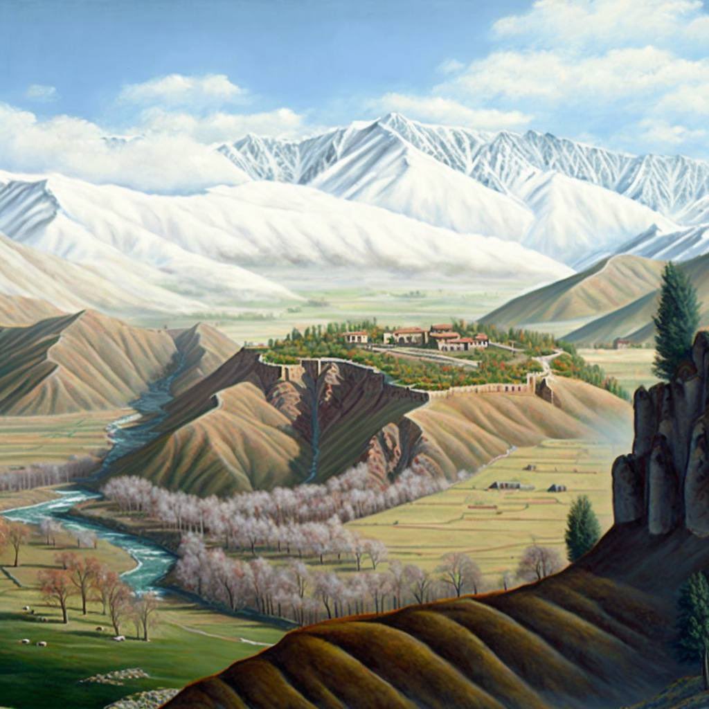 boburnama's tweet photo. Ferghana is a small region; there is plenty of bread and fruit. There are mountains around Ferghana; from the west: the outskirts, where Samarkand and Khujand, there are no mountains; on no side but this one can the enemy pass through in winter.

#Baburnama #LettersofBabur #Babur #midjouney