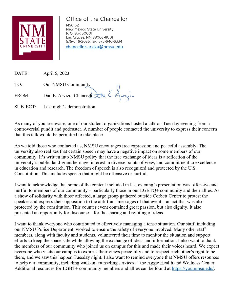 BREAKING: In a press release, Chancellor Dan E. Arvizu upheld a student group's right to host <a href="/MattWalshBlog/">Matt Walsh</a>, citing free expression. 

He also acknowledged the hurtful content at the event and emphasized the importance of diverse points of view.

#NMSU
