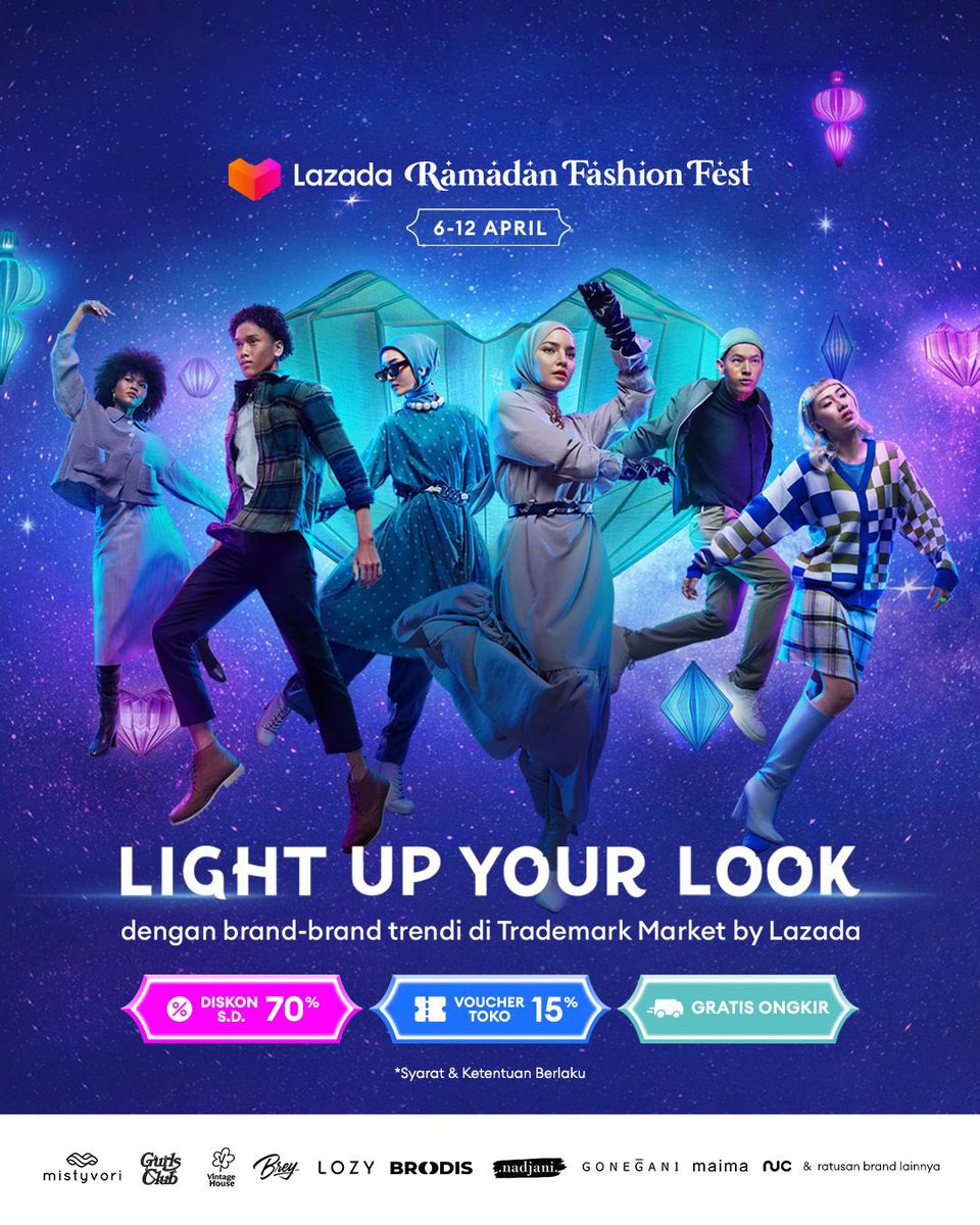 Light up your look di Lazada Ramadan Fashion Fest dengan brand–brand trendi di Trademark Market by <a href="/LazadaID/">Lazada</a>. Dapatkan diskon hingga 70%, voucher toko 15% dan gratis ongkir, tanggal 6 – 12 April!

#LazadaRamadanFashionFest #TrademarkByLazada