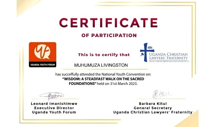By God's grace I received my certificate for attending the National Youth convention 🙏 special Thanks to <a href="/InfoUclf/">Uganda Christian Lawyers Fraternity</a> , <a href="/UgYouthForum/">Uganda Youth Forum</a> ,<a href="/JanetMuseveni/">Janet K Museveni</a> <a href="/AnneTwino/">Anne Twino Muhairwe</a> who made this possible. May God bless you and we shall live to learn more from these engagements