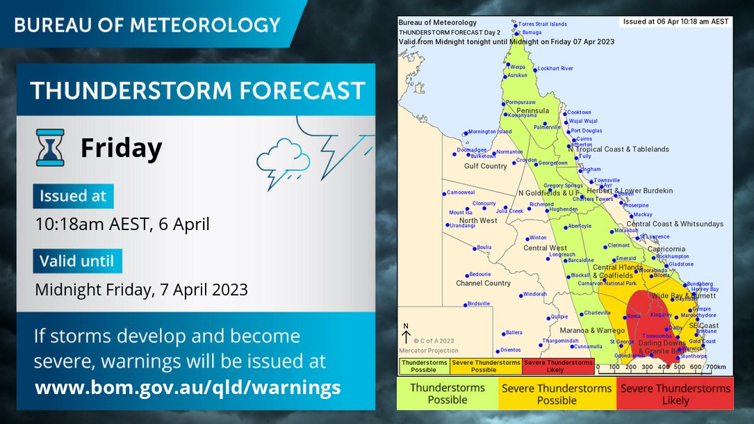 BOM_Qld's tweet photo. ⛈️QLD Storm Forecast for Friday 7/4. Severe storms likely across the Darling Downs, very dangerous storms with destructive winds &amp; giant hail possible in the red area. Severe storms with damaging winds, large hail &amp; heavy rainfall possible across remainder of southeastern QLD. https://t.co/uTIdsGFP1g