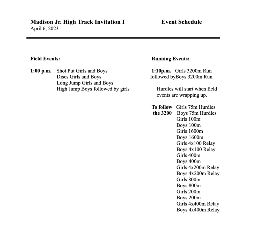 Schedule for the JH Home track meet 4/6/23