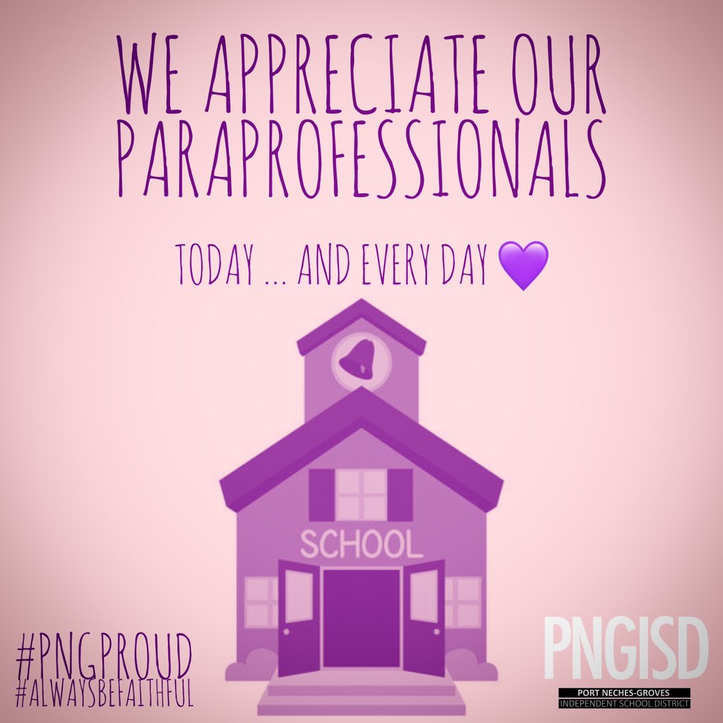 Our paraprofessionals play vital roles in our PNGISD family every day. With contestant patience and support to our students and staff, you help make our team the best in the universe. Thank you for all you do!!  💜🤍

#PNGproud #AlwaysBeFaithful #ParaprofessionalAppreciationDay