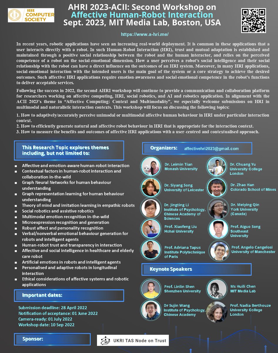 We are inviting submissions to the second workshop on Affective Human-Robot Interaction (AHRI) at #ACII2023 (due 28 Apr) 🤖✍️🗓️ Please spread the word! More info on our website and flyer: a-hri.me
<a href="/acii_conf/">ACII2024</a>
<a href="/officialAAAC/">AAAC</a>
