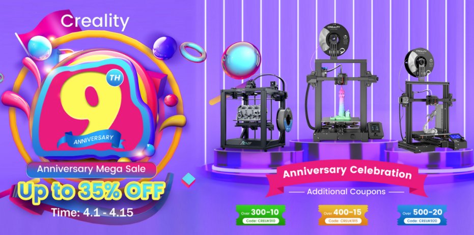 UK Big Sale - lasting until 14th April Up to 35% OFF plus additional COUPONS🥳 Grab your goodies and enjoy good deals👇 bit.ly/creality9thuk Free delivery from Leicester / 14 day return / 1-year warranty / customer support reply within 48h #3Dprinting #promotion