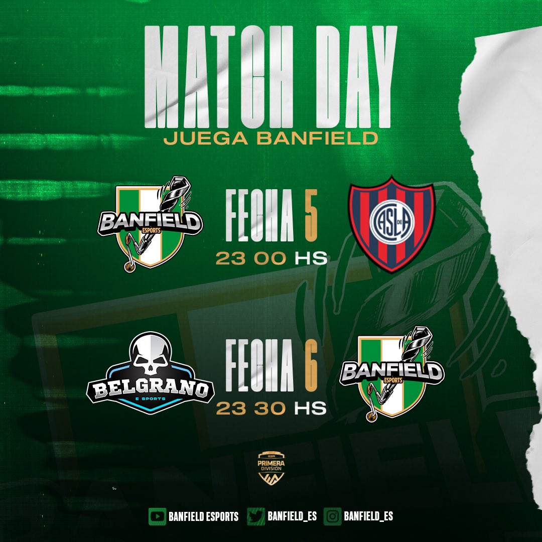 Banfield Esports (@banfield_es) on Twitter photo 🇳🇬HOY JUEGA BANFIELD🇳🇬
#LIGAIESA // #PS4
FECHA 5 🆚 <a href="/CASLA_Esports/">San Lorenzo Esports</a>
FECHA 6 🆚 <a href="/CABesportsok/">Belgrano Esports</a>
🖥 youtube.com/@banfieldespor…
💚 #VamosBanfield 🇳🇬HOY JUEGA BANFIELD🇳🇬
#LIGAIESA // #PS4
FECHA 5 🆚 <a href="/CASLA_Esports/">San Lorenzo Esports</a>
FECHA 6 🆚 <a href="/CABesportsok/">Belgrano Esports</a>
🖥 youtube.com/@banfieldespor…
💚 #VamosBanfield
