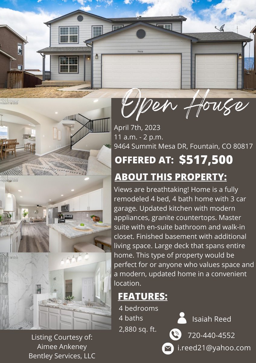 Holding an open house THIS FRIDAY (4/7/2023) on this beautiful 4bd/4ba/2,880sqft home located in Fountain, CO. #OpenHouse #fountaincolorado #ColoradoSprings #realestate