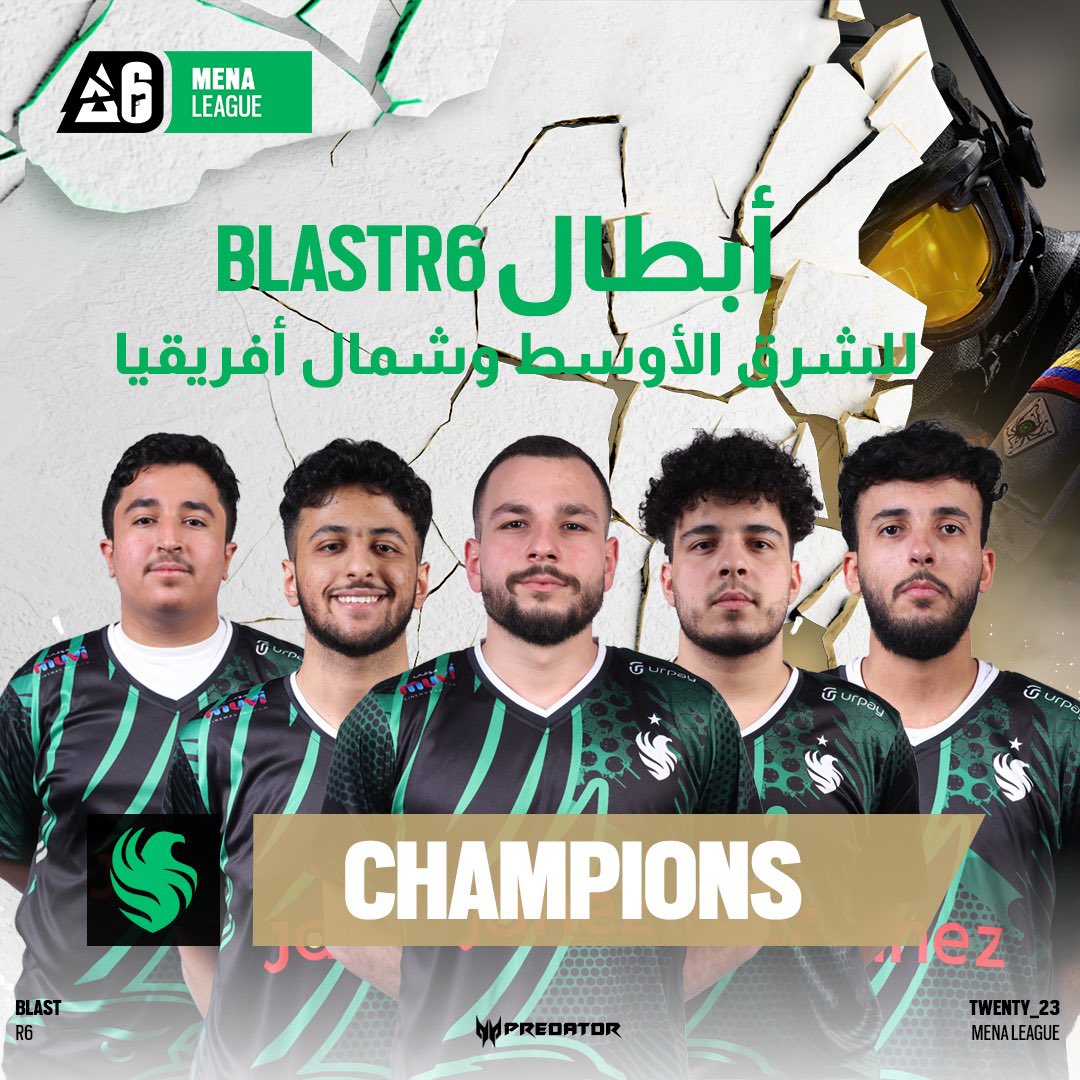 Congratulations to <a href="/FalconsEsport/">Falcons Esports</a> 
Well deserved and great consistent performance in stage 1 #BlastR6

Good luck in the major and make us proud!🔥

<a href="/MbyyP9/">Twis P9</a>
<a href="/ValantinoR6/">Hsein 🌊</a>
<a href="/A_joker_619/">عبدالله🃏</a>
@jlaDDDDD
<a href="/Okillz3/">عبدالمحسن</a>
<a href="/madskiils/">Twis Rakan.</a>
<a href="/Im7mdGH/">MS</a> 

Thank you <a href="/Rainbow6AR/">Rainbow 6 Siege</a> and <a href="/EGA_mena/">EGA MENA</a> for everything.💙