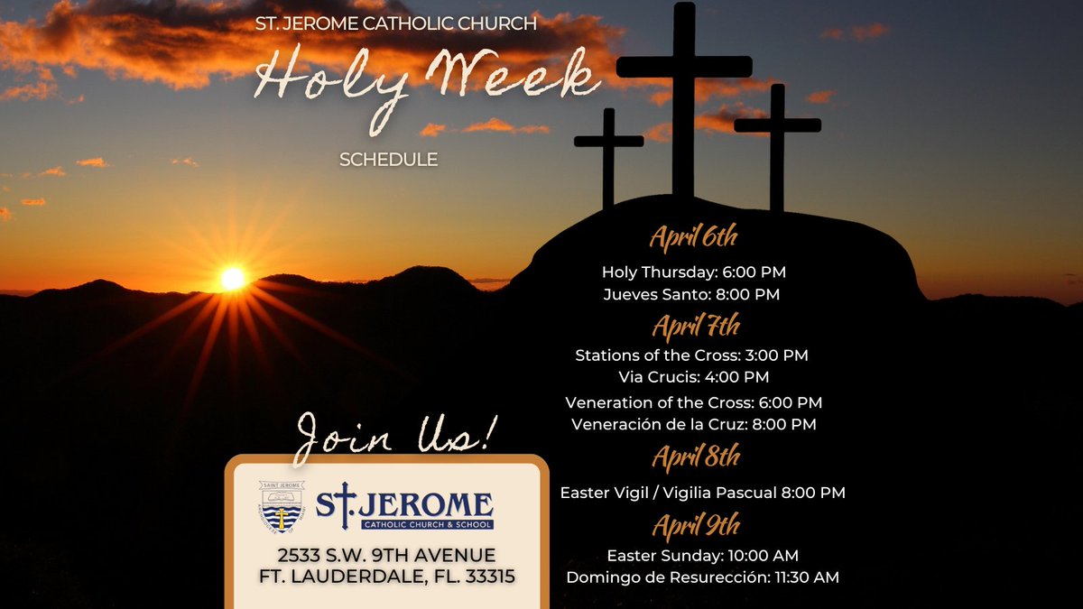 Come join us for Holy Week!
#fortlauderdale #HolyWeek #EasterSunday #Catholic #CatholicMass #stationsofthecross #EasterVigil #bilingual #CatholicMiami