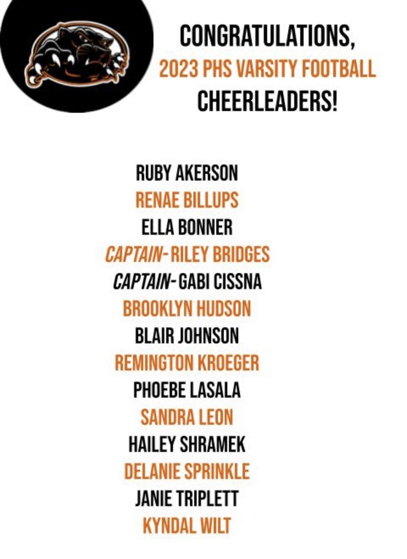 I am SO EXCITED to announce our 2023 Varsity Football Cheer team!  🏈 🎉 We are ready for a season full of new energy and exciting ideas. I can hardly wait to get started. It’s a great day to be a Palmyra Panther. 🧡🖤🤍 

Special thank you shout out to our four judges as well!