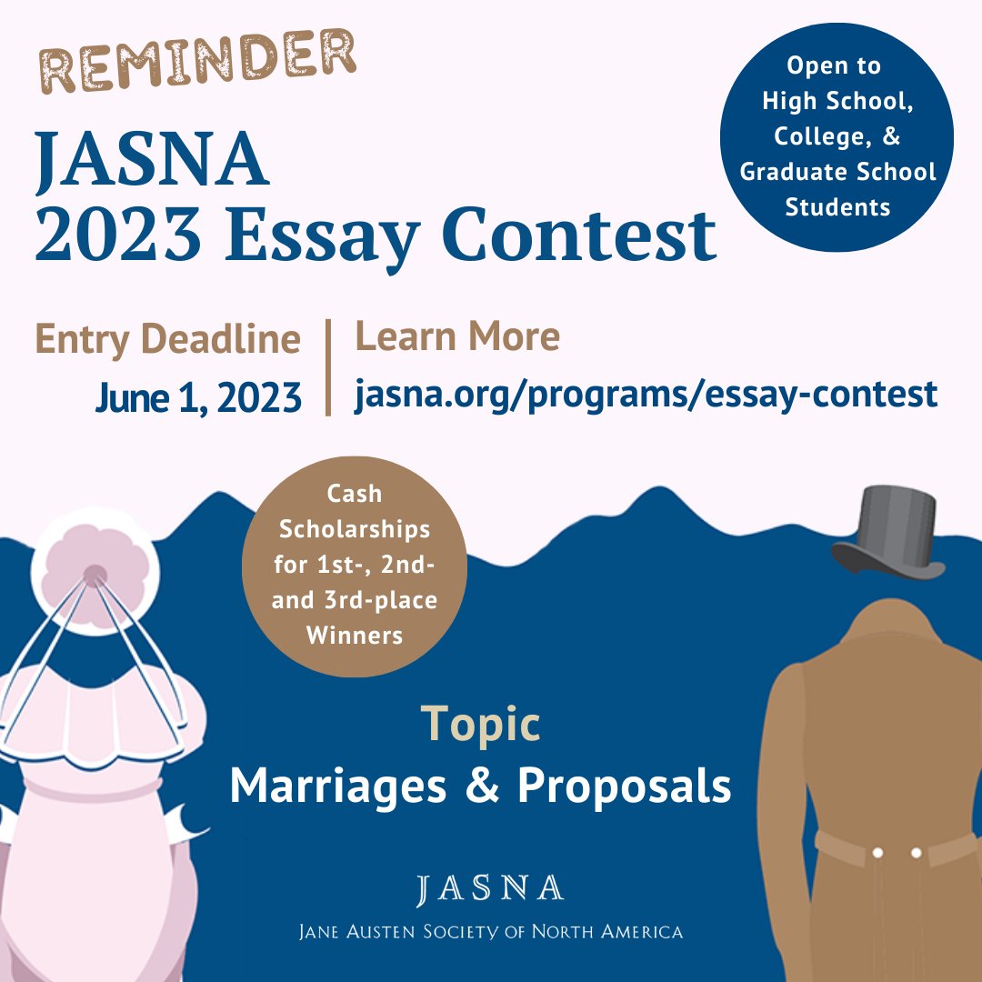 Counting down! Entries for JASNA's 2023 Essay Contest are DUE JUNE 1.  HS, college, and grad school students are invited to compete for cash awards. TOPIC: “Marriages & Proposals” in Austen's works.
jasna.org/programs/essay…

#janeausten #austen #essaycontest #prideandprejudice