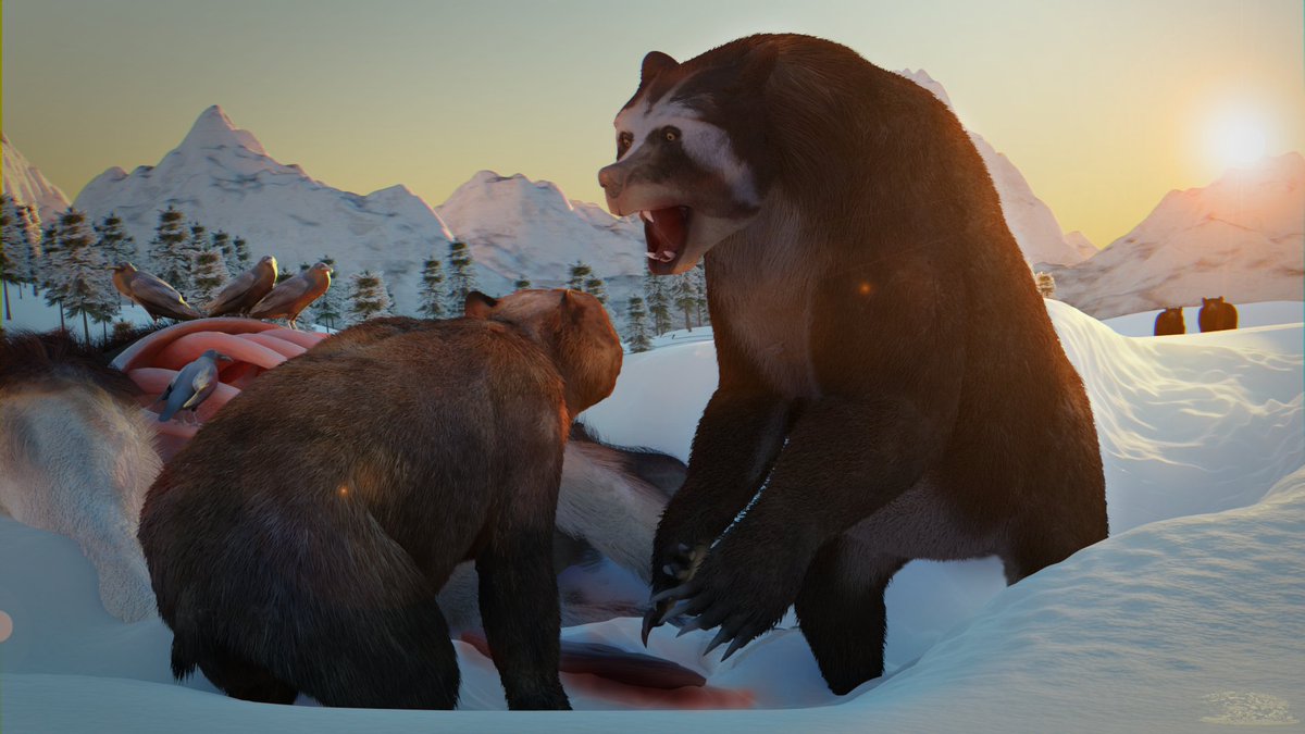 Two Black Bears look on as a Short-Faced Bear bullies a Brown Bear off the last substantial carrion before winter

#Bears #iceage #paleostream #paleoart #digitalart #Blender3d #blenderart #3DRender #arctodus #sciart