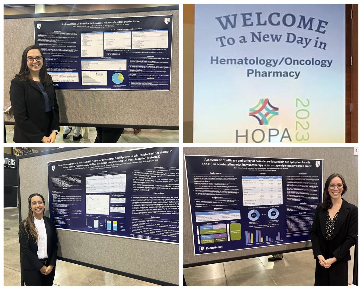 dukerxresidency's tweet photo. Last week, our PGY2 Oncology residents presented their research projects at the Hematology/Oncology Pharmacy Association (HOPA) Annual Conference in Phoenix, AZ ๐ตWay to go Jess, Savine, and Olivia! ๐ ๐ #dukerxresidency #dukerx #HOPAAC23 https://t.co/iq3MXCmK90