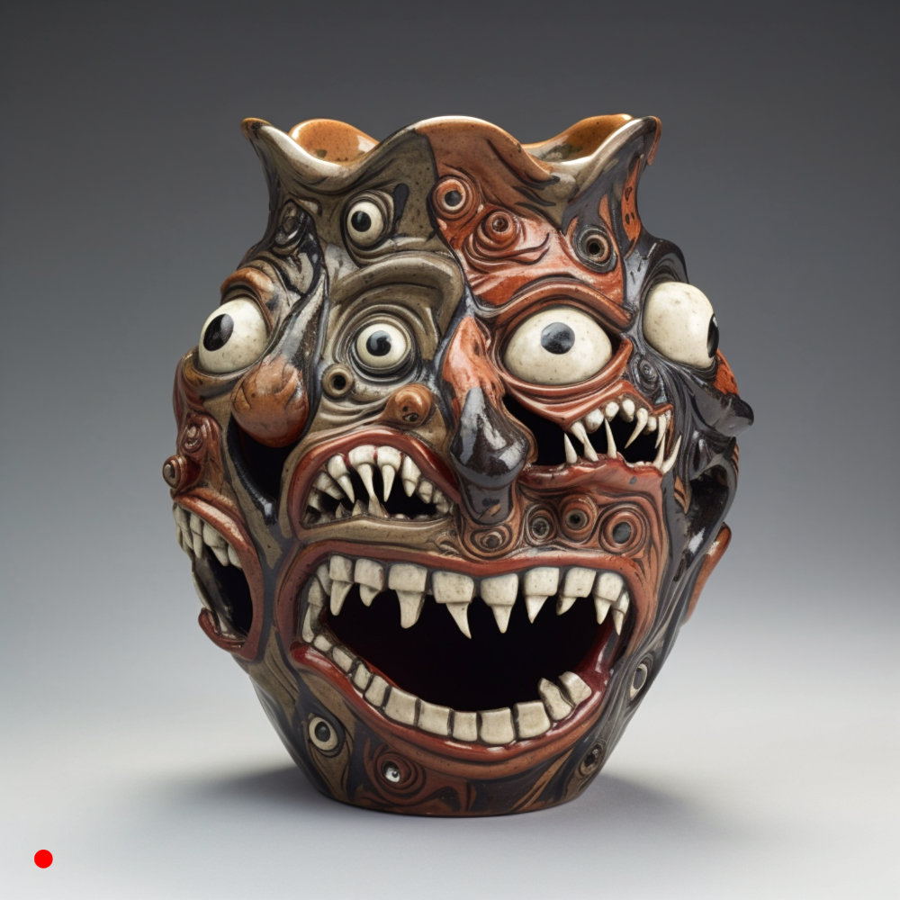 Robert_Matheson's tweet photo. My first #facejug with Midjourney V5. The improvement from V4 to V5 is shocking. Inspired by folk art face jugs found throughout the South. 1 of 1. 5tez. Enjoy, y'all. 🔴 #NewberryMade #NewberryIsAnArtTown #pottery #clay #aiart https://t.co/0IDr3bvLLQ