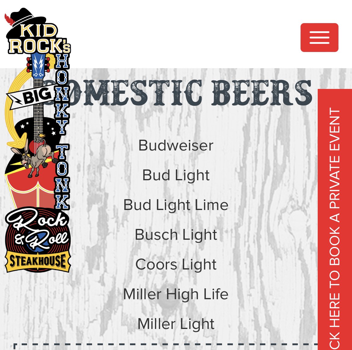 tylrcrrll's tweet photo. 2 days later @KidRock still has Bud Light on the menu. Lawl. Will check back https://t.co/sjRrBb73le