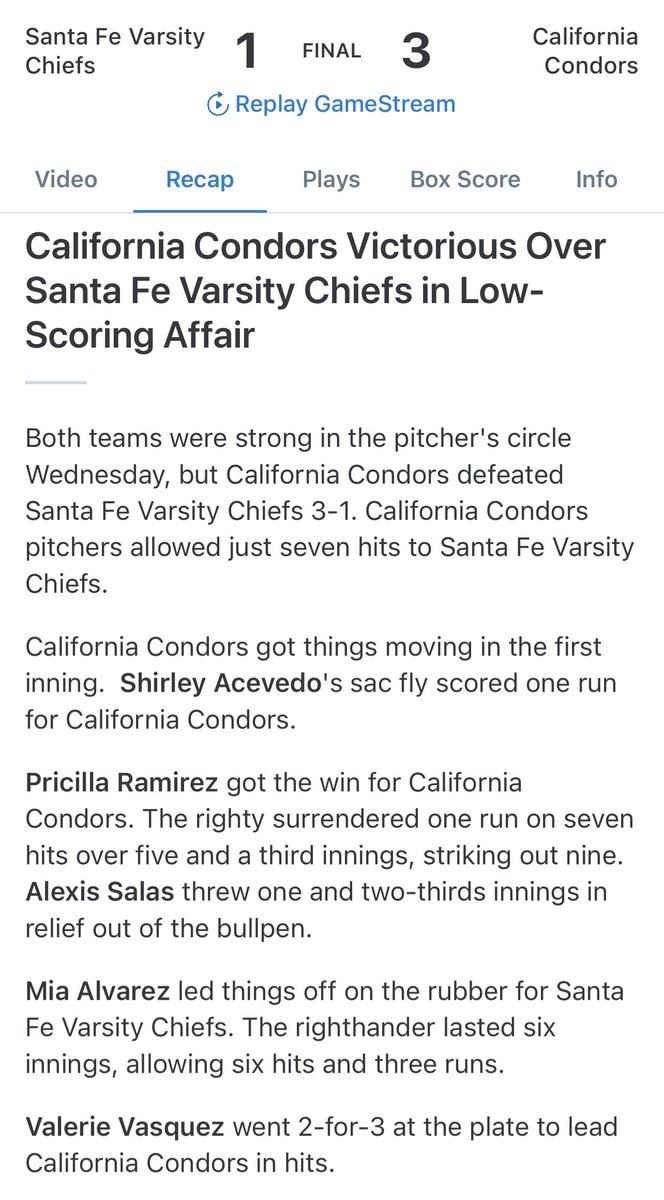 Our Lady Condors defeated Santa Fe 3-1 today to move into sole possession of 2nd place in league. Pricilla Ramirez &amp; Alexis Salas allowed 0 earned runs &amp; struck out 11 batters. Next game is this Friday vs Whittier @ Cal at 11am. <a href="/James_Escarcega/">James Escarcega 📈🏈🏀⚾️🥎 🤼🤽🏽‍♂️🏊🏼‍♀️🏌🏻⚽️</a> <a href="/SGVNSports/">Fred J. Robledo 👨🏻‍💻</a> <a href="/CalHiAthletics/">Cal High Athletics</a>