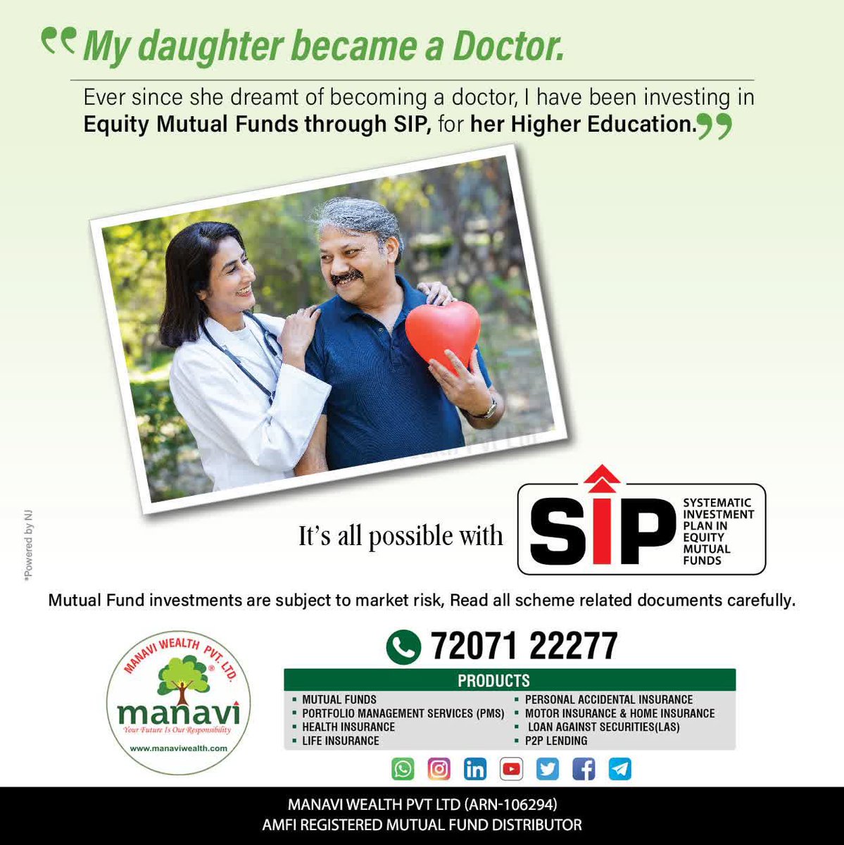 ManaviWealth's tweet image. Let this simple sip reaps you greater benefits in life . *More than 5Crore investors have started their SIP journey* Call us now to start your sip today
7207122277
Or visit us at ManaviWealth.com

#financialwellbeing #ManaviWealth #ForFinancialFreedom #MutualFundsSahiHai