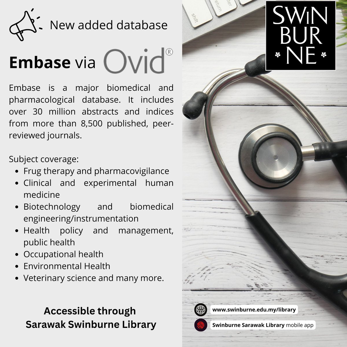 swinsarawaklib's tweet image. [Embase via OVID]
Access is available via the library’s website, and users have to log in using their OpenAthens account.
swinburne.edu.my/.../databases/…
#newlyadded #librarydatabase
#swinburnesarawaklibrary #swinburnesarawaklibraryapp #onlineresources #swinburnesarawak