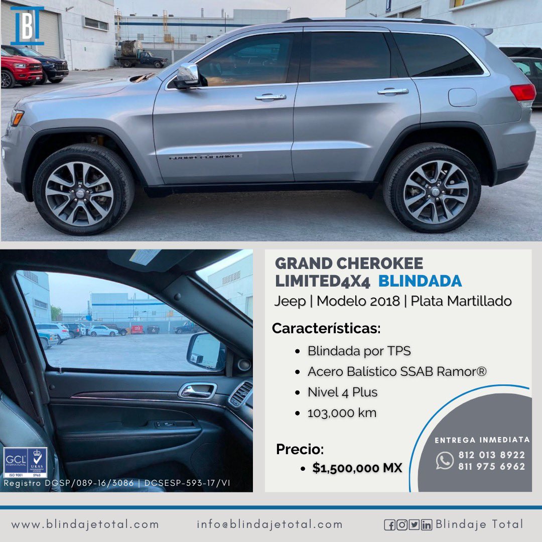 JEEP GRAND CHEROKEE LIMITED 4X4 
✅ Modelo 2018
✅ Blindaje Nivel 4+

*Si requieres más información envía mensaje al📱 812 013 8922 ó 811 975 6962 

#blindajeautomotriz #BT #unidadblindada #blindaddora #acero #kevlar #kevlardupont #acerobalístico #ssabarmor #isoclima