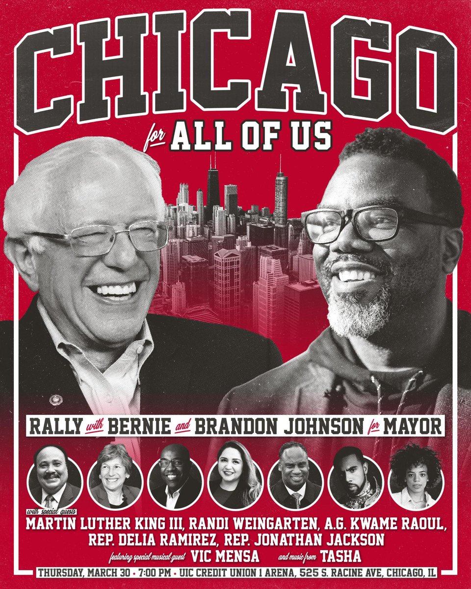 📢 NEW RALLY LOCATION 📢

Due to popular demand, our rally with <a href="/BernieSanders/">Bernie Sanders</a> and friends will now be at Credit Union 1 Arena on Racine Ave. 

No need to RSVP again, but you have to share this new poster with all of your friends. 

See you there! 

bit.ly/40snwbV