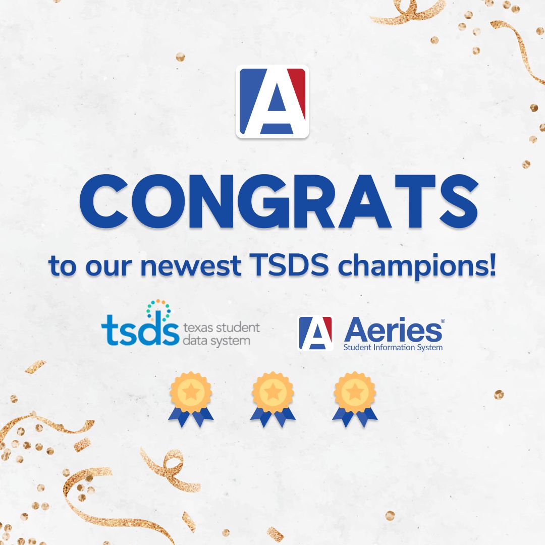 AeriesSIS's tweet photo. It's time to celebrate! 🎉 A massive congratulations goes out to Athina Firman, Derek Song, James Kelly, Kathy Kelly, Marie Cullens, and Marissa Wood for officially joining Aeries' list of #TSDSChampions. Way to go, team! #TexasStudentDataSystem https://t.co/jSEKSU3VXi